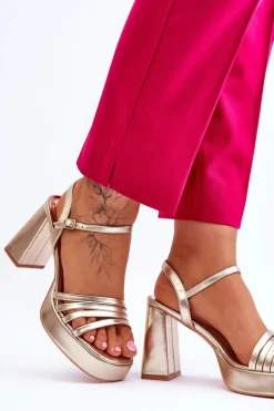 Damskie Skórzane Sandały Na Obcasie I Platformie Złote Verda