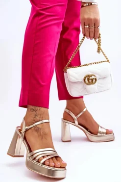 Damskie Skórzane Sandały Na Obcasie I Platformie Złote Verda