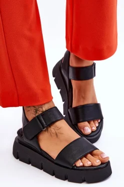Damskie Skórzane Sandały Na Platformie Czarne Katte