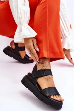 Damskie Skórzane Sandały Na Platformie Czarne Katte