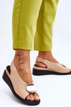 Damskie Skórzane Sandały Na Koturnie Beżowe Justice