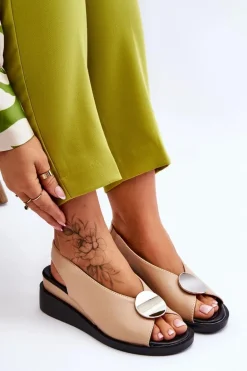 Damskie Skórzane Sandały Na Koturnie Beżowe Justice