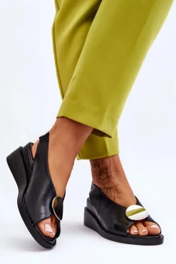 Damskie Skórzane Sandały Na Koturnie Czarne Justice