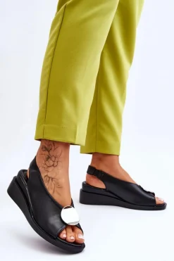 Damskie Skórzane Sandały Na Koturnie Czarne Justice