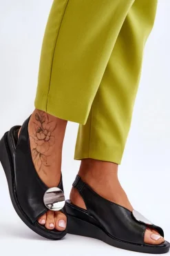 Damskie Skórzane Sandały Na Koturnie Czarne Justice