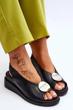 Damskie Skórzane Sandały Na Koturnie Czarne Justice