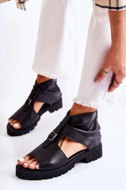 Damskie Skórzane Sandały Na Suwak Nicole 2748 Czarne