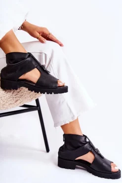 Damskie Skórzane Sandały Na Suwak Nicole 2748 Czarne