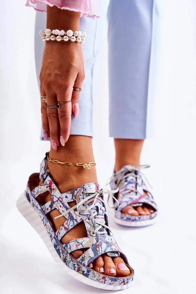 Damskie Skórzane Sandały Na Rzep 05375-06 Niebieskie