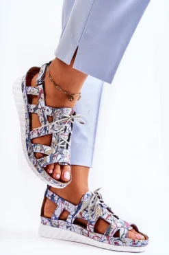 Damskie Skórzane Sandały Na Rzep 05375-06 Niebieskie