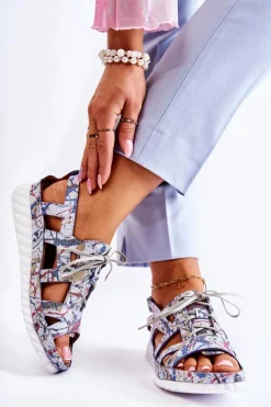 Damskie Skórzane Sandały Na Rzep 05375-06 Niebieskie