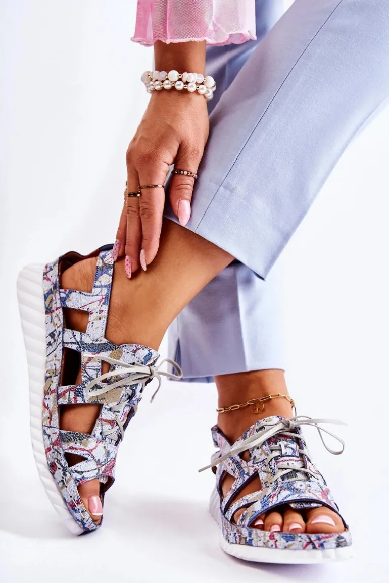 Damskie Skórzane Sandały Na Rzep 05375-06 Niebieskie