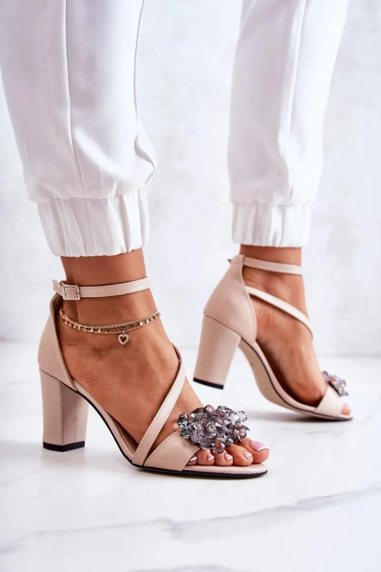 Damskie Skórzane Sandały Na Obcasie Beżowe Torine