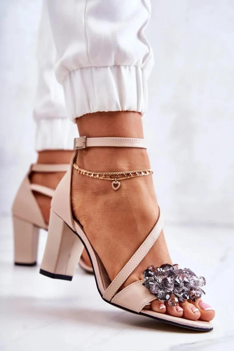 Damskie Skórzane Sandały Na Obcasie Beżowe Torine