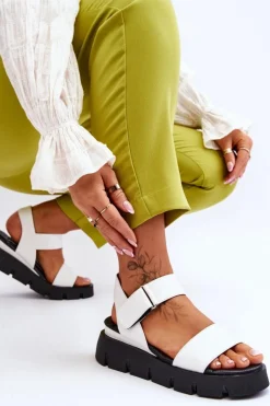 Damskie Skórzane Sandały Na Platformie Białe Katte