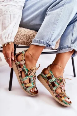 Damskie Skórzane Sandały Na Rzep 05375-09 Zielone