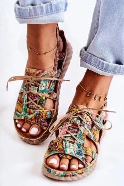 Damskie Skórzane Sandały Na Rzep 05375-09 Zielone