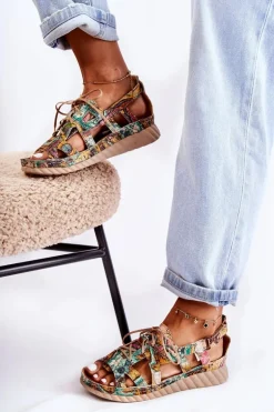 Damskie Skórzane Sandały Na Rzep 05375-09 Zielone