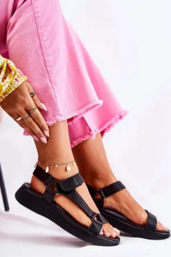 Damskie Skórzane Sandały Na Rzep Czarne Clarisse