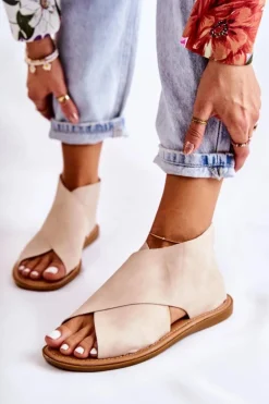 Damskie Skórzane Sandały Na Szeroką Stopę Beżowe Catalise