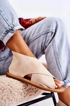 Damskie Skórzane Sandały Na Szeroką Stopę Beżowe Catalise