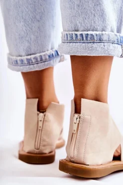 Damskie Skórzane Sandały Na Szeroką Stopę Beżowe Catalise