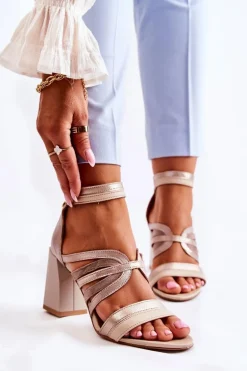 Damskie Skórzane Sandały Na Masywnym Słupku Maciejka 05514-04 Beżowo-Złote