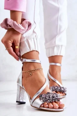 Damskie Skórzane Sandały Na Obcasie Srebrne Torine