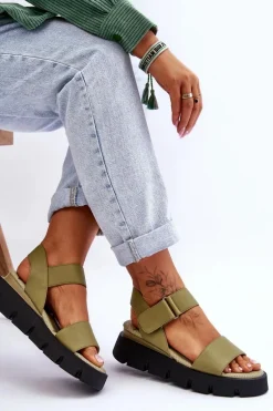 Damskie Skórzane Sandały Na Platformie Zielone Katte
