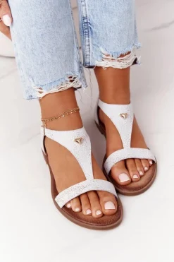 Damskie Skórzane Sandały Nicole 2648 Białe Metaliczne