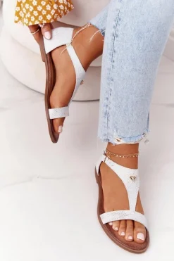 Damskie Skórzane Sandały Nicole 2648 Białe Metaliczne