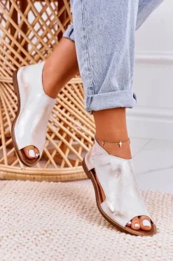 Damskie Skórzane Sandały Nicole 2622 Białe Metaliczne