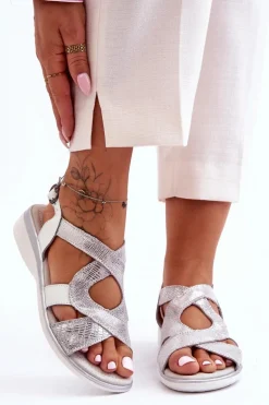 Damskie Skórzane Sandały S.Barski 97619 Srebrne