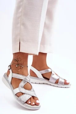 Damskie Skórzane Sandały S.Barski 97619 Srebrne