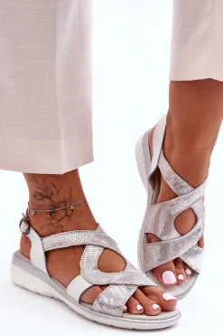 Damskie Skórzane Sandały S.Barski 97619 Srebrne
