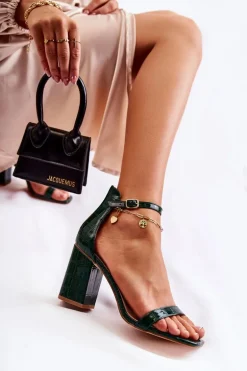 Damskie Skórzane Sandały Wężowy Wzór Zielone Sollana