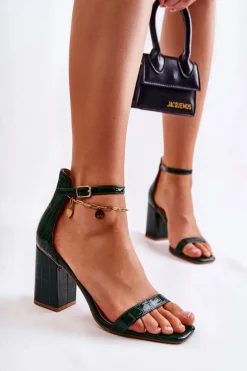 Damskie Skórzane Sandały Wężowy Wzór Zielone Sollana