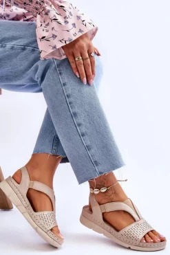 Damskie Skórzane Sandały Wsuwane Beżowe Lora