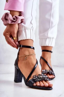 Damskie Skórzane Sandały Z Kryształami Czarne Ramona
