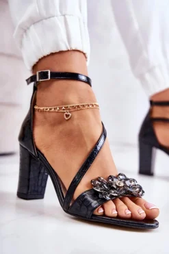 Damskie Skórzane Sandały Z Kryształami Czarne Ramona