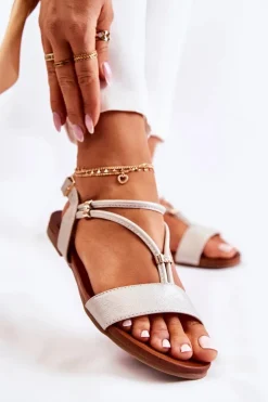 Damskie Skórzane Sandały Z Cyrkoniami Złote Melly