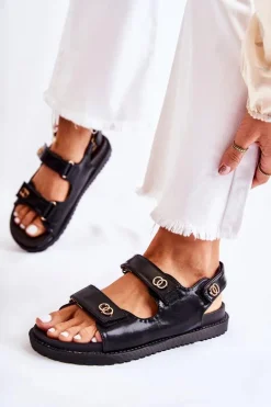 Damskie Skórzane Sandały Z Ozdobą Czarne Halis