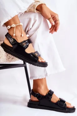 Damskie Skórzane Sandały Z Ozdobą Czarne Halis