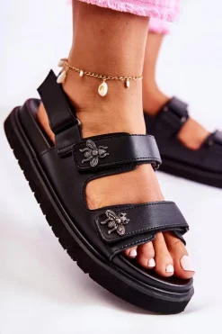 Damskie Skórzane Sandały Z Ozdobą Czarne Elly