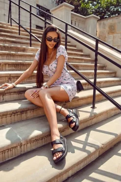 Damskie Skórzane Sandały Z Ozdobą Czarne Elly