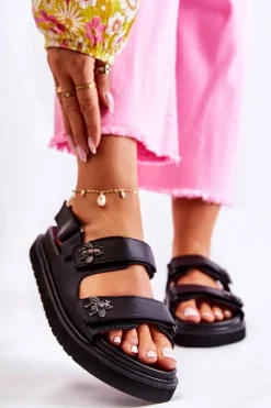 Damskie Skórzane Sandały Z Ozdobą Czarne Elly