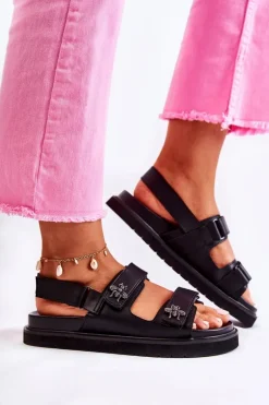 Damskie Skórzane Sandały Z Ozdobą Czarne Elly