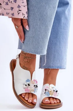 Damskie Skórzane Sandały Z Kamieniami Białe Mersea