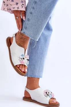 Damskie Skórzane Sandały Z Kamieniami Białe Mersea