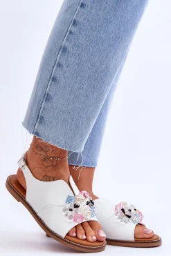 Damskie Skórzane Sandały Z Kamieniami Białe Mersea